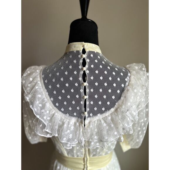 VINTAGE Women's Ruffle Butter Yellow Polka Dot High Neck Maxi Prom Dress Size S - Picture 5 of 8